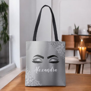 Silver Glitter Sparkle Eyelashes Monogram Name Tote Bag