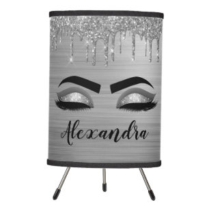 Silver Glitter Sparkle Eyelashes Monogram Name Tripod Lamp