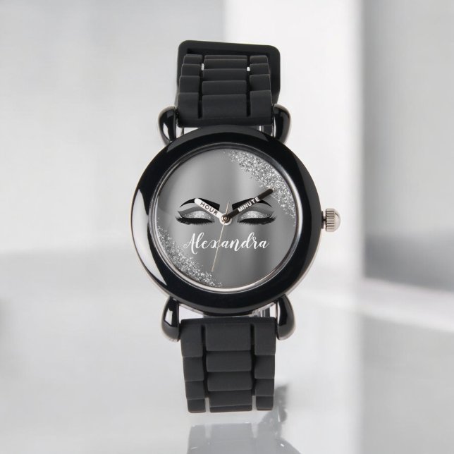 Silver Glitter Sparkle Eyelashes Monogram Name Watch (Creator Uploaded)