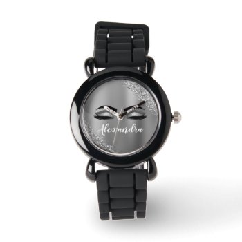 Silver Glitter Sparkle Eyelashes Monogram Name Watch by Hot_Foil_Creations at Zazzle