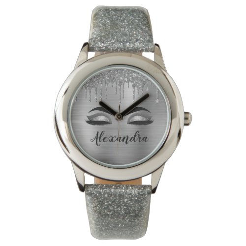 Silver Glitter Sparkle Eyelashes Monogram Name Watch