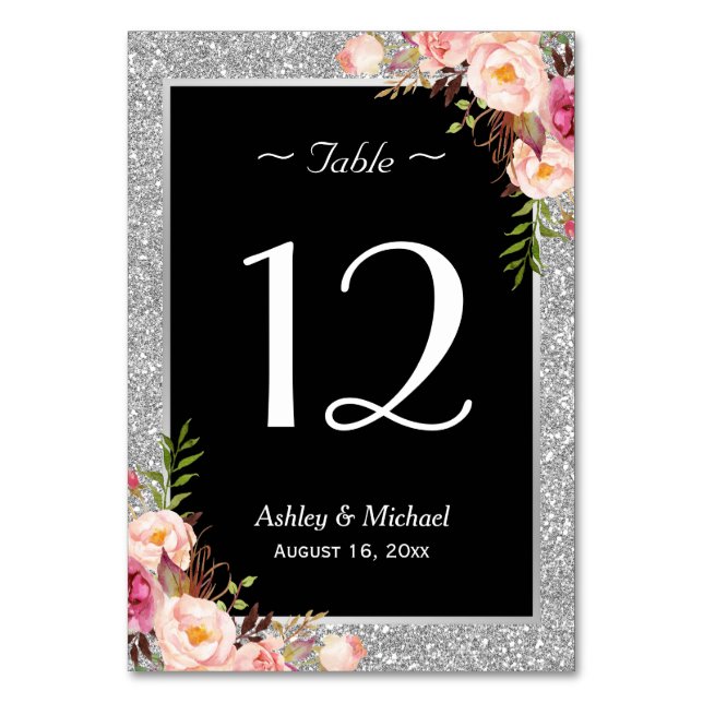 Silver Glitter Sparkle Floral Wedding Table Number (Front)