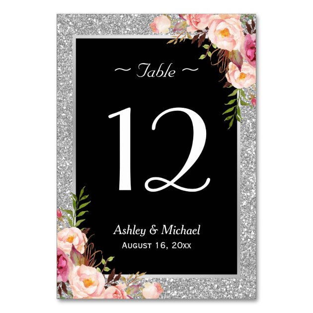 Silver Glitter Sparkle Floral Wedding Table Number Card