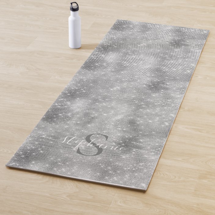 Silver Glitter Sparkle Girly Glam Monogram Yoga Mat