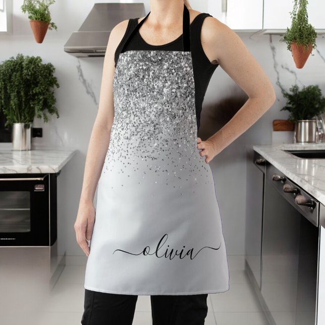 Silver Glitter Sparkle Glam Metal Monogram Name Apron (Creator Uploaded)