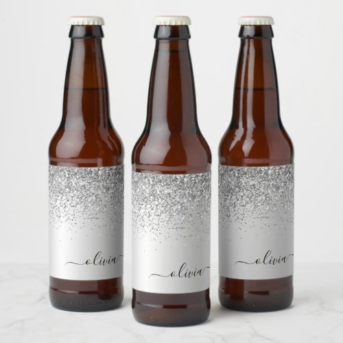 Silver Glitter Sparkle Glam Metal Monogram Name Beer Bottle Label