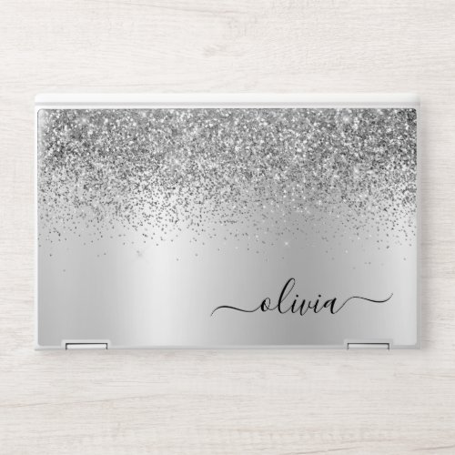 Silver Glitter Sparkle Glam Metal Monogram Name HP Laptop Skin