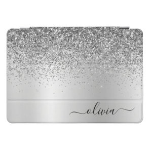 Silver Glitter Sparkle Glam Metal Monogram Name iPad Pro Cover