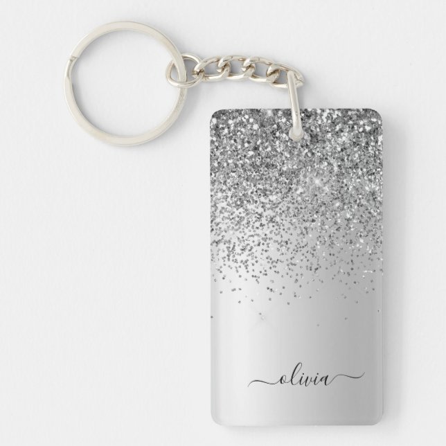 Silver Glitter Sparkle Glam Metal Monogram Name Keychain (Front)
