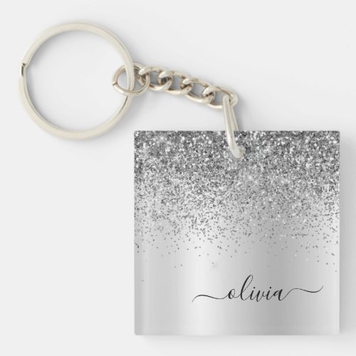 Silver Glitter Sparkle Glam Metal Monogram Name Keychain