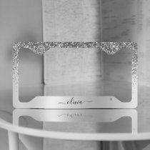 Silver Glitter Sparkle Glam Metal Monogram Name License Plate Frame