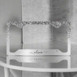 Silver Glitter Sparkle Glam Metal Monogram Name License Plate Frame