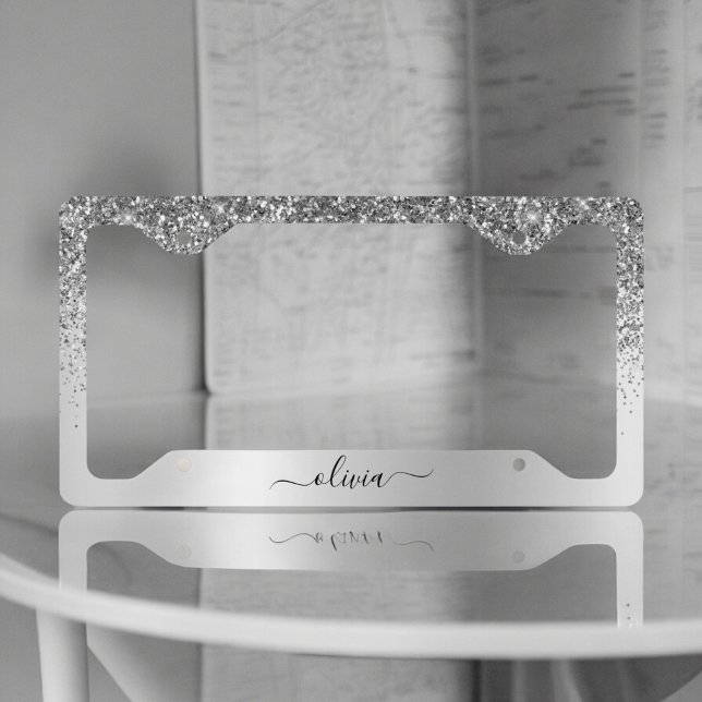 Silver Glitter Sparkle Glam Metal Monogram Name License Plate Frame (Creator Uploaded)