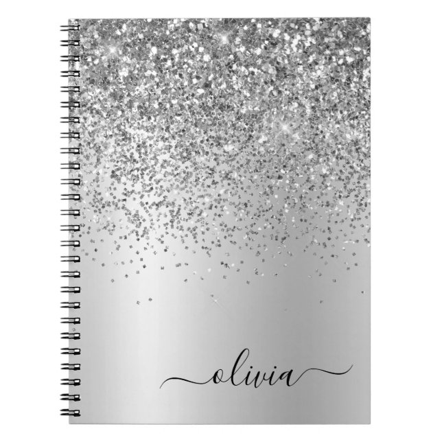 Silver Glitter Sparkle Glam Metal Monogram Name Notebook (Front)