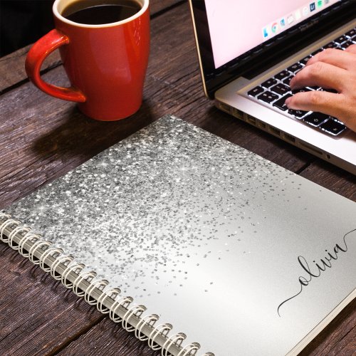 Silver Glitter Sparkle Glam Metal Monogram Name Notebook