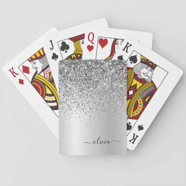 Silver Glitter Sparkle Glam Metal Monogram Name Playing Cards (Back)