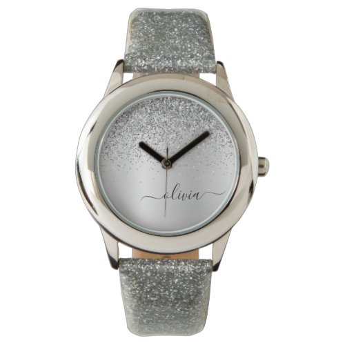 Silver Glitter Sparkle Glam Metal Monogram Name Watch