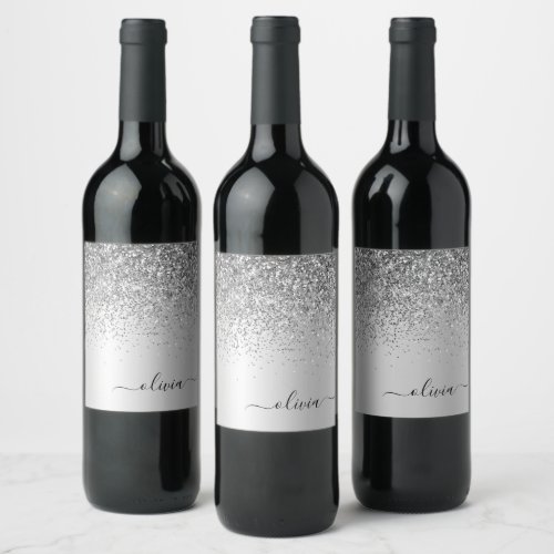 Silver Glitter Sparkle Glam Metal Monogram Name Wine Label