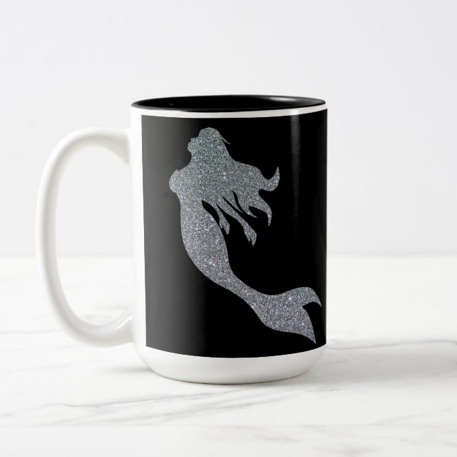 Silver Glitter Sparkle Mermaid Black Coffee Mug (Left)