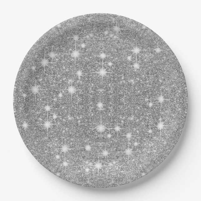 Silver Glitter Sparkle Metal Metallic Look Paper Plates (Front)