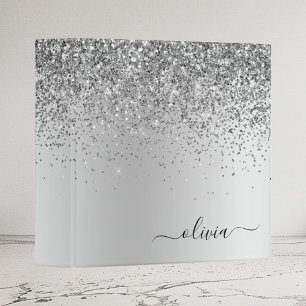 Silver Glitter Sparkle Metal Monogram Name 3 Ring Binder