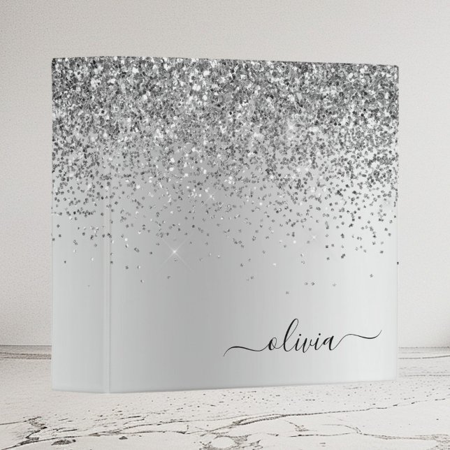 Silver Glitter Sparkle Metal Monogram Name 3 Ring Binder (Creator Uploaded)