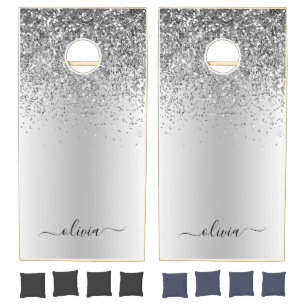 Silver Glitter Sparkle Metal Monogram Name Cornhole Set