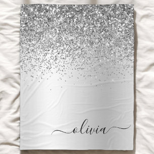 Silver Glitter Sparkle Metal Monogram Name Fleece Blanket