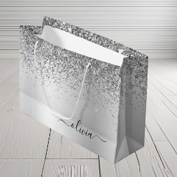 Silver Glitter Sparkle Metal Monogram Name Large Gift Bag