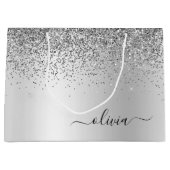 Silver Glitter Sparkle Metal Monogram Name Large Gift Bag (Front)