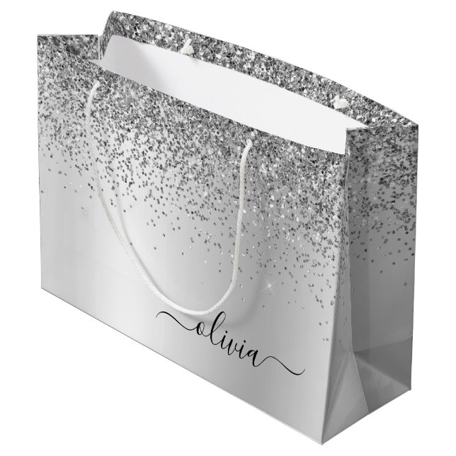 Silver Glitter Sparkle Metal Monogram Name Large Gift Bag (Back Angled)