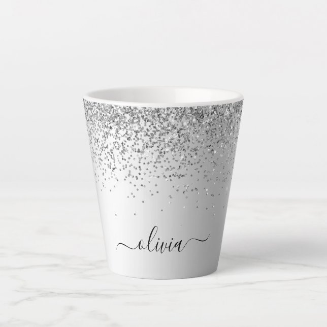 Silver Glitter Sparkle Metal Monogram Name Latte Mug (Front)