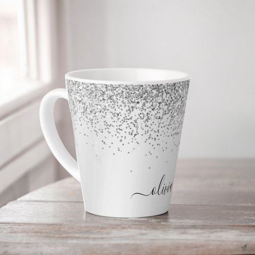 Silver Glitter Sparkle Metal Monogram Name Latte Mug