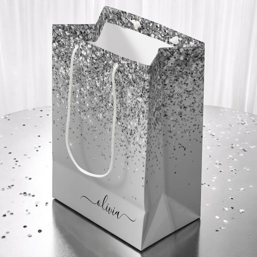 Silver Glitter Sparkle Metal Monogram Name Medium Gift Bag