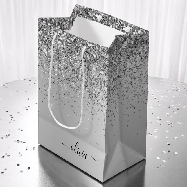 Silver Glitter Sparkle Metal Monogram Name Medium Gift Bag (Creator Uploaded)