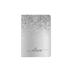 Silver Glitter Sparkle Metal Monogram Name Passport Holder