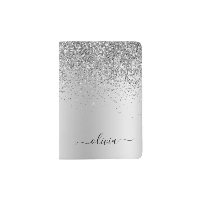 Silver Glitter Sparkle Metal Monogram Name Passport Holder (Front)