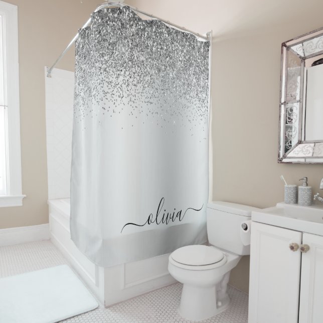 Silver Glitter Sparkle Metal Monogram Name Shower Curtain (In Situ)