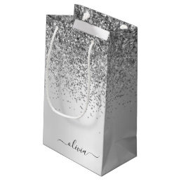 Silver Glitter Sparkle Metal Monogram Name Small Gift Bag