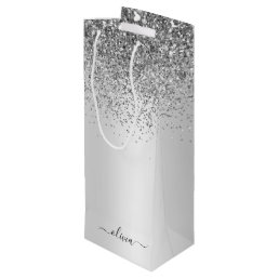 Silver Glitter Sparkle Metal Monogram Name Wine Gift Bag