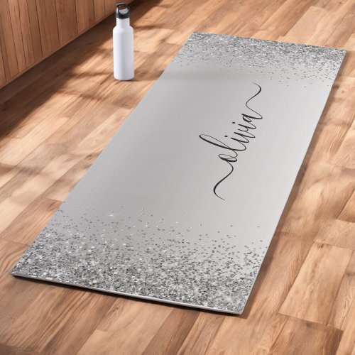 Silver Glitter Sparkle Metal Monogram Name Yoga Mat