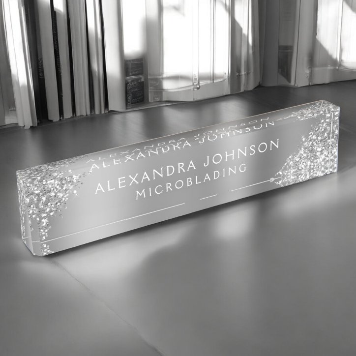 Silver Glitter Sparkle Microblading Brows Salon Desk Name Plate