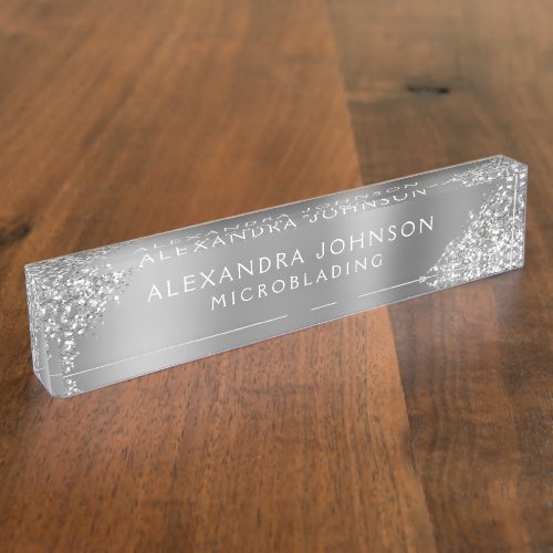 Silver Glitter Sparkle Microblading Brows Salon Desk Name Plate