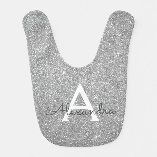 Silver Glitter & Sparkle Monogram Birthday Baby Bib (Front)