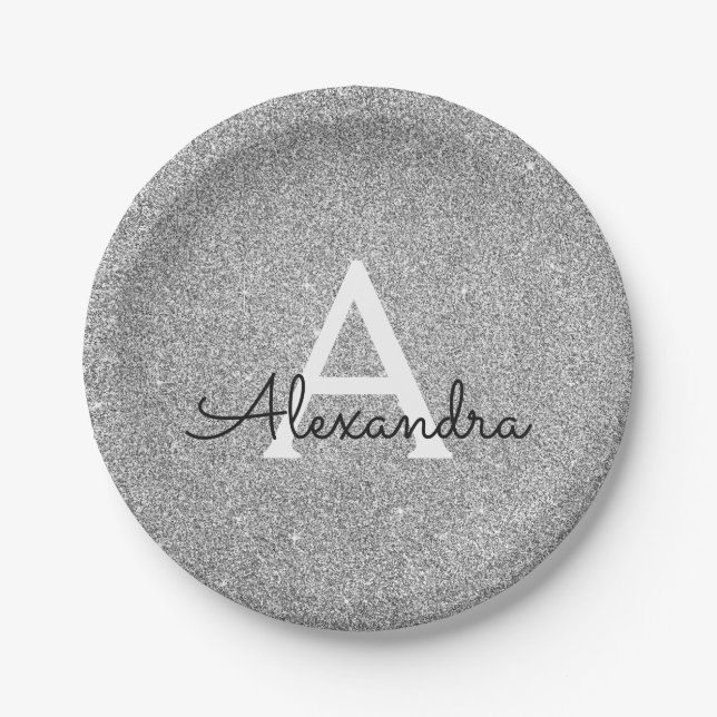 Silver Glitter & Sparkle Monogram Birthday Paper Plates (Front)