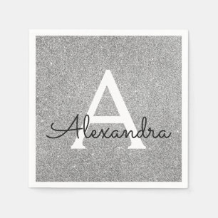 Silver Glitter & Sparkle Monogram Initial Birthday Napkins