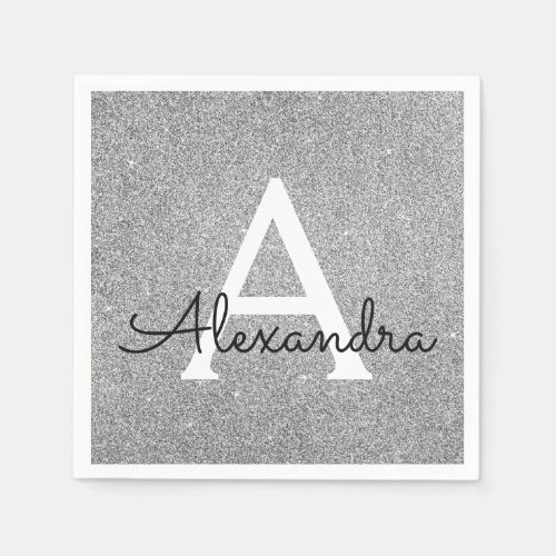 Silver Glitter  Sparkle Monogram Initial Birthday Napkins