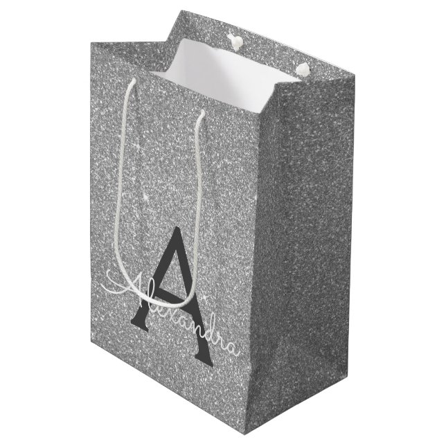 Silver Glitter & Sparkle Monogram Medium Gift Bag (Front Angled)
