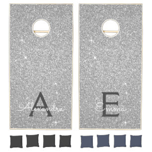 Silver Glitter & Sparkle Monogram Name Cornhole Set