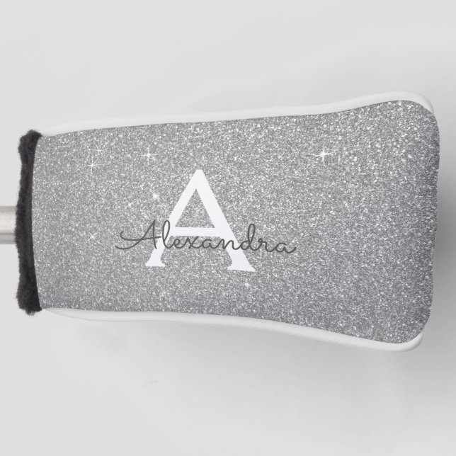 Silver Glitter & Sparkle Monogram Name Golf Head Cover (Front)